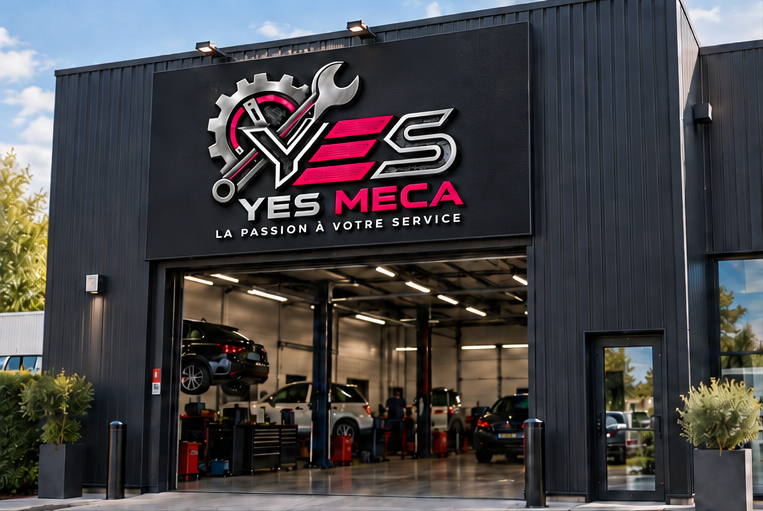 Enseigne d’atelier YES MECA — La marque principale, visible dès l’arrivée.