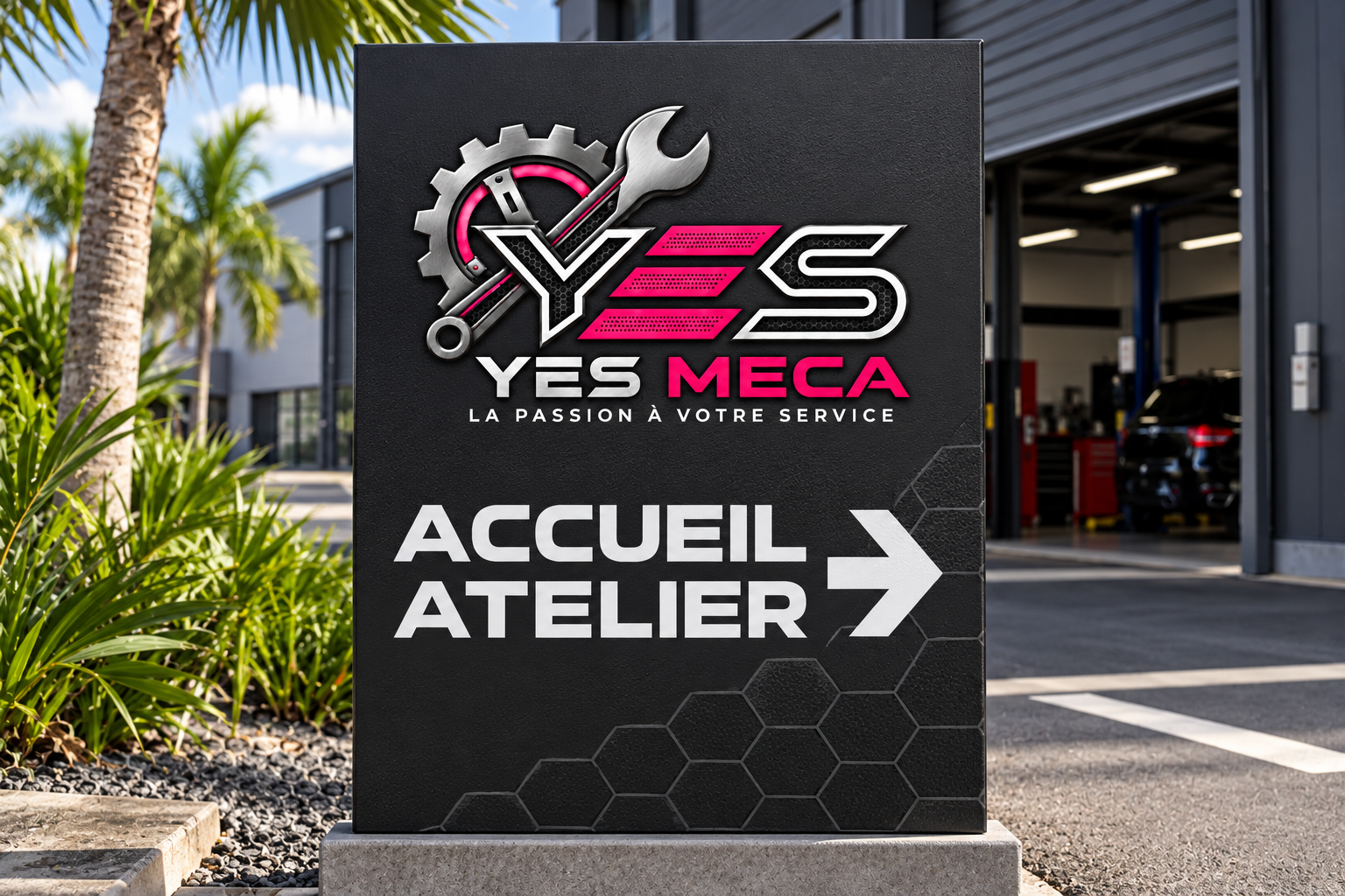 Panneau d’orientation YES MECA — Guider vers l’accueil de l’atelier.