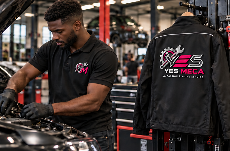 Tenues d’atelier YES MECA — YM en poitrine, logo principal au dos.